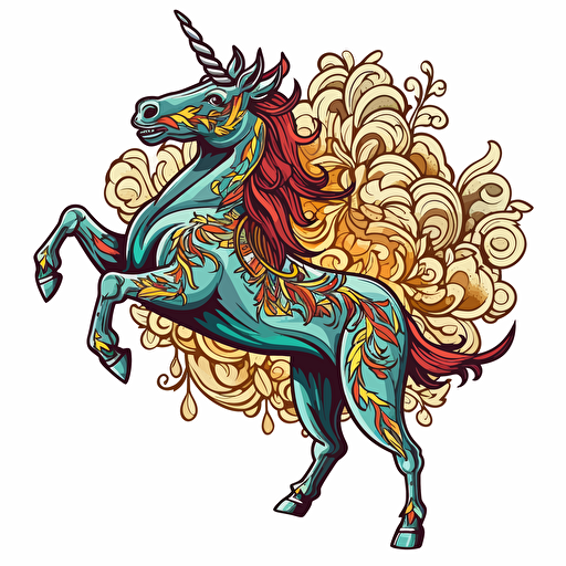 unicorn rearing up on its hind legs, Sticker, Joyful, Tertiary Color, Art brut style, Contour, Vector, White Background, Detailed