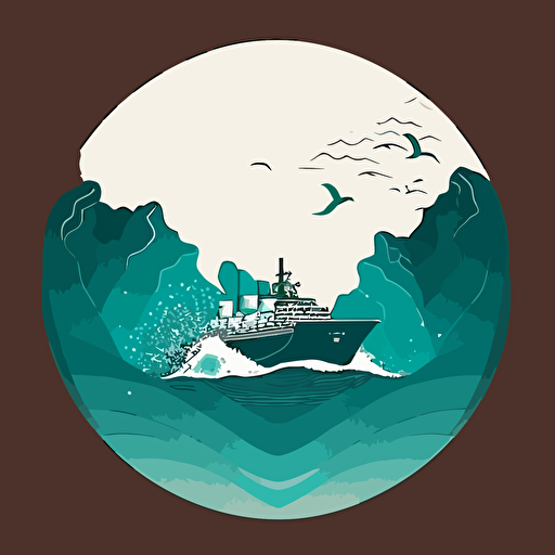 Shape: wave, mountain, container ship silhouette, circle Color: deep teal, light sky blue, brown Font: sans Symbols Layout: negative space, simplicity Texture: container ship silhouette Overall style: simplicity, minimalism, 2-color, crashing waves logo vector outline, curves, circle shapes, modern feel