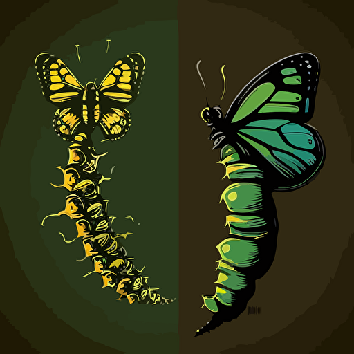 long time metamorphosis of a caterpillar transforms into a butterfly, vector minimalistic colorful drawing