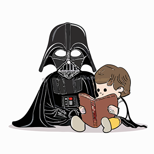 Darth vader reading a bedtime story to child luke skywalker, Clipart, cute, Primary Color, comic style, Contour, Vector, White Background, Detailed