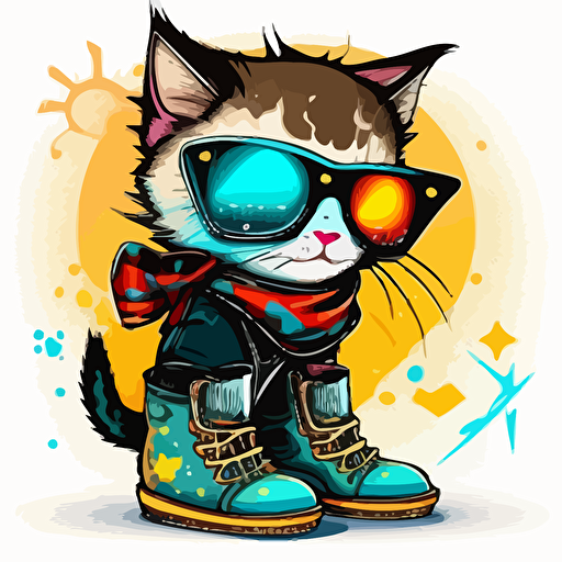 a very cute baby cat wearing very big sunglasses dressed up as el zorro, wearing cute boots, as a cartoon type, as a vector, white background, bright graffiti colors