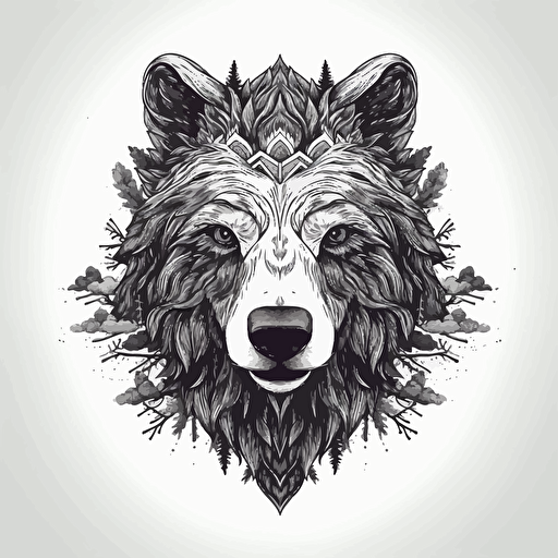 Grizzly bear with a fish in his mouth, with elk antlers on his head, close up, black and white illustration, simple vector :: vector style