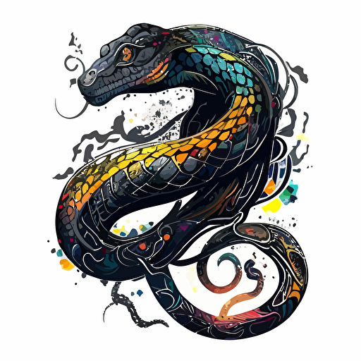 Cosmic black snake, Sticker, Excited, Electric Colors, Pencil Drawn, Contour, Vector, White Background, Detailed