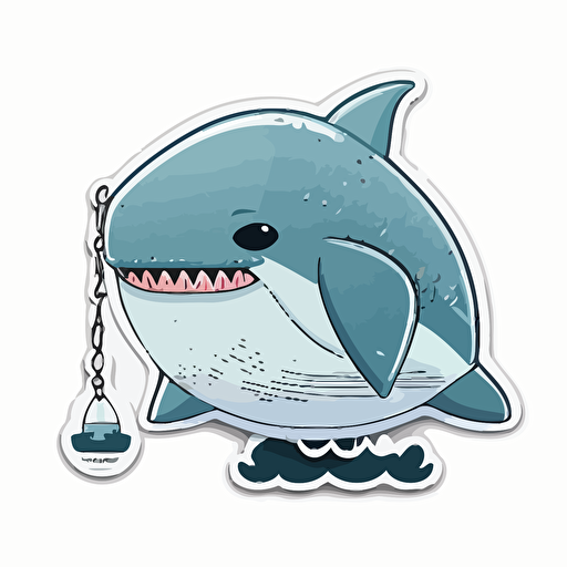 die-cut sticker, cute kawaii megalodon on a leash sticker, white background, illustration crisp minimalism, vector, oceanic tones.