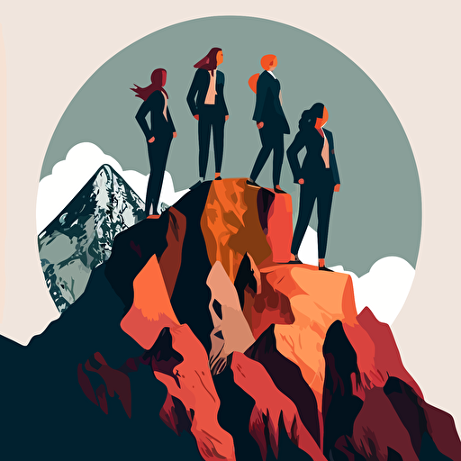 four women in business suit, on top of mountain peak, vector illustration