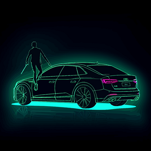 2023 audi a5 sportback and Rococo neon light,vector illustration, silhouette of a person extreme sports, dynamic posture