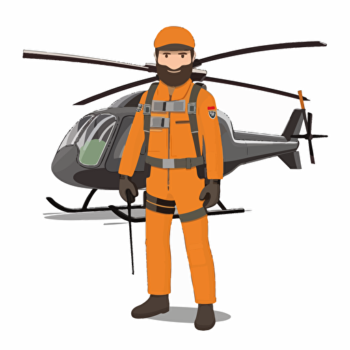 man with beard in a helicopter uniform and wearing a helmet standing in front of a helicopter. vector. white background. no background