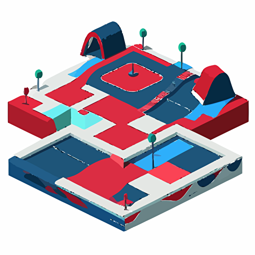 2d flat vector of a skatepark in Tokio, white background, dark blue and red colors