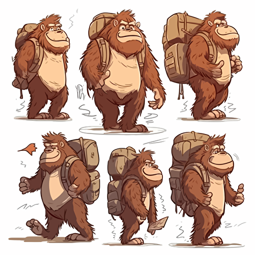cute childish bigfoot with backpack on his back , vector style, multiple poses and expressions, white background