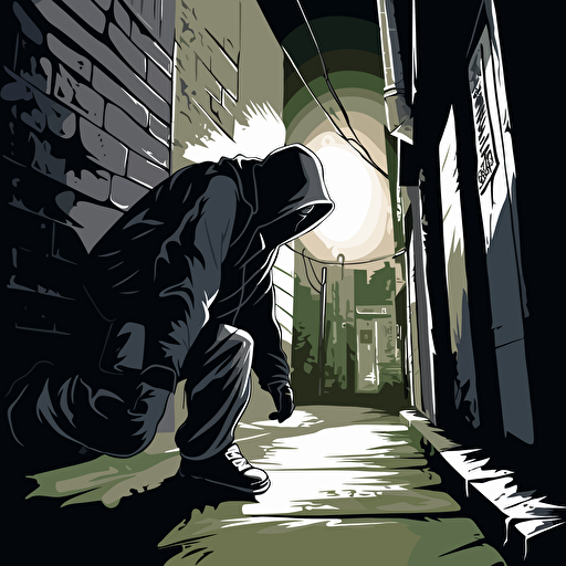 a gangsta Scavenging in an alley, vector art