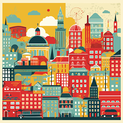 a city themed card back design that is non-directional in fun primary colours with a vector art style