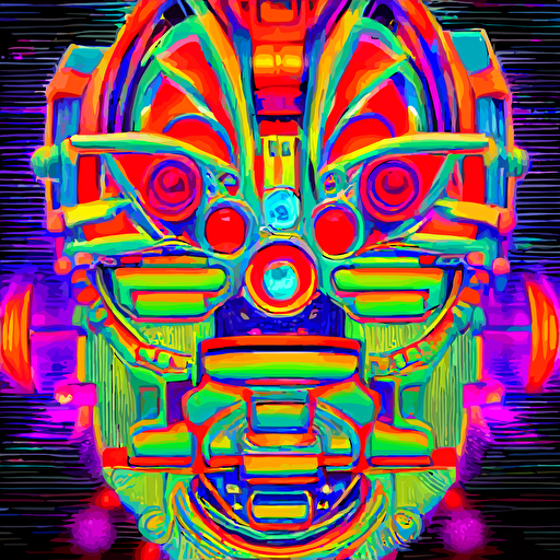 hyperdetailed trippy portrait spaced steampunk aztec futurism robot head 8 k symetrical flourescent colors halluzinogenic meditative multicolored vector art black background