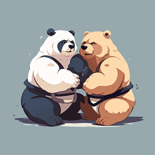 2 Bears wrestling. First Bear is layed out flat on the ground. Second Bear is standing slightly kneeling with one knee on First Bear's stomach, Both Bears wearing jiu jitsu clothes,, vector animation illustration, 4 colors limit, solid background, high resolution