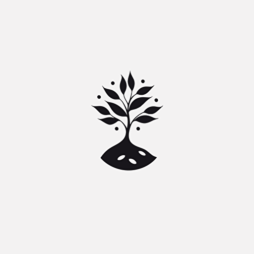 a black and white minimalistic logo, C shape, tree, seeds, leaves, whitespace, vector