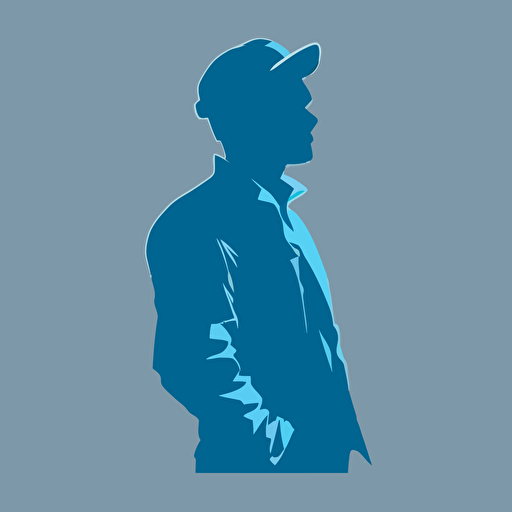silhoette of professional worker, sleeves rolled up, blue color, gray background, simple design, vector style, white outline over silhouette