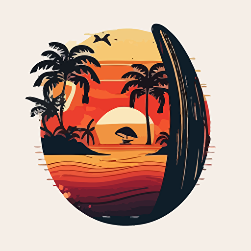 create a wooden vector style surfboard stuck in a beach next to palm trees and waves of water in a circle on white background simple and vector style very colorful with sunset