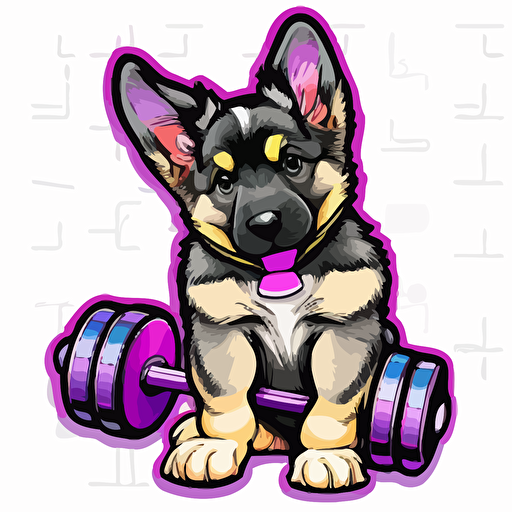 vector happy German Shepard puppy sitting next to a dumbell sticker+ white background + vibrant pink and purple+ cartoon