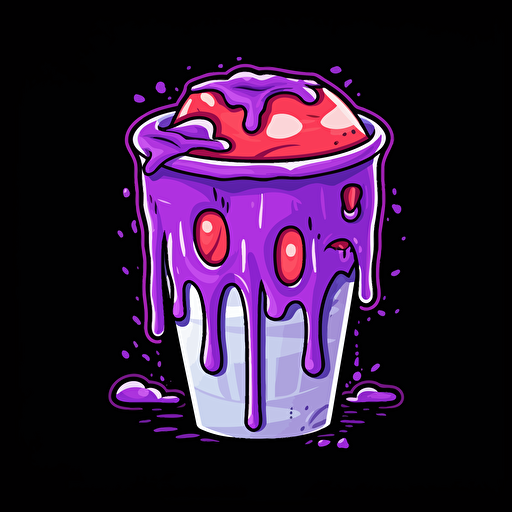 a drippy vector design of a styrofoam cup dripping purple syrup, cartoon style, black background