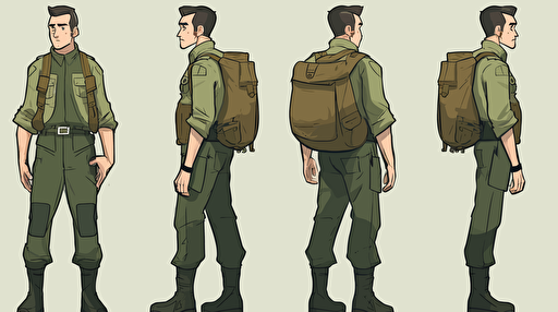 character design, vector illustration, militar, front side back views, 6 panels