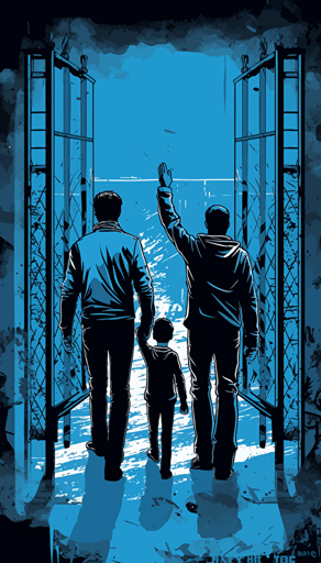 vector image of a family welcoming their father and husband leaving prison, heartfelt, blue and white and dark grey, graffiti style