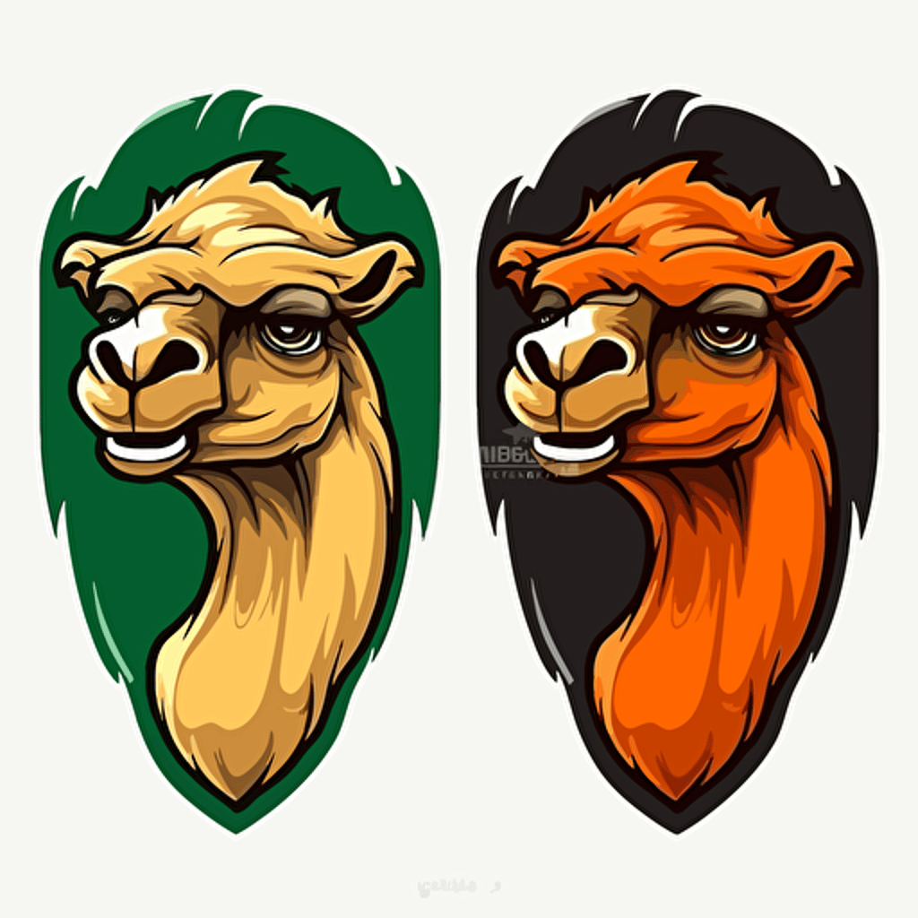 make a camel mascot logo design, brutal, strong, colors like black, orange, red, shades of green, and some colors that are usually used in esport logo, falt vector, great details, solid backgroud