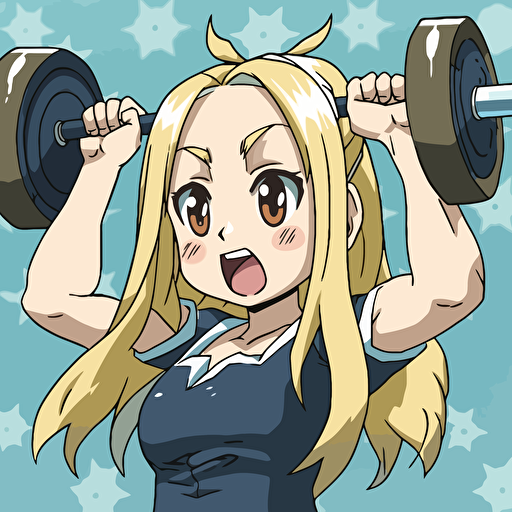 Mugi from K-ON anime manga wearing SDB GEAR doing powerlift overhead press in the style of K-on anime, face displayed a strained expression, sweat dripping from the furrowed brow, and tongue lolling out in exertion, empty background