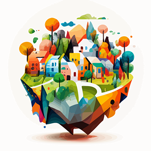 a 180°C geometric shape that explodes with a small town inside. Nature is represented. Vector and childish style. Very colored. white background without shadow.
