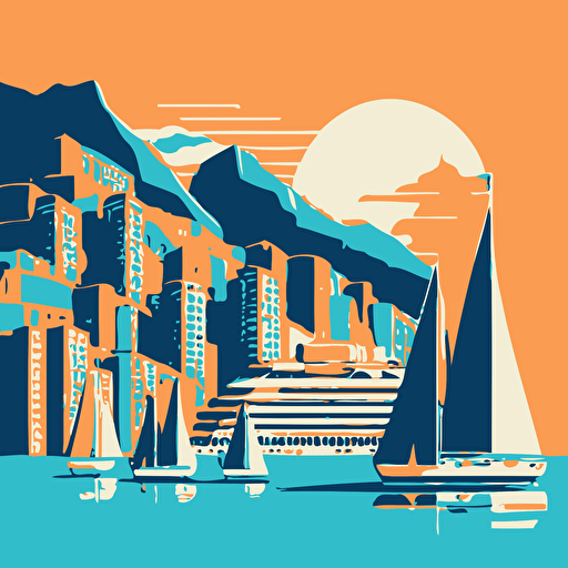 Vector image of the Monaco skyline, yachts, using only orange and blue colours, simple cartoon style shading, very simple, blue skies, hill