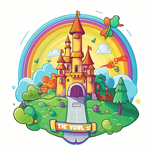 vector sticker design, happy vibes castle with a road, with sun behind castle, elf in front, elf is holding a balloon, birthday party, colorful lights, sunny day, white outline, on a badge, super crisp edges