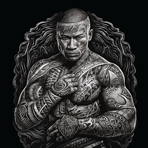 hyper detailed vector illustration of indigenous mma fighter shadowboxing, black white and grays, black background, poster quality