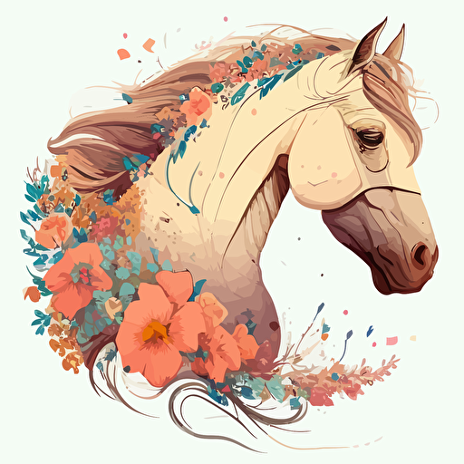 beautiful horse, flowers, cute, cartoon, high quality, high details, 12k, vector art