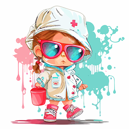 a very cute baby girl wearing very big sunglasses dressed up as a nurse, as a cartoon type, as a vector, white background, bright graffiti colors