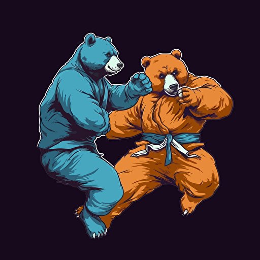 Bear taking down another bear midair, wearing jiu jitsu clothes, vector animation illustration, 4 colors limit, solid background, high resolution
