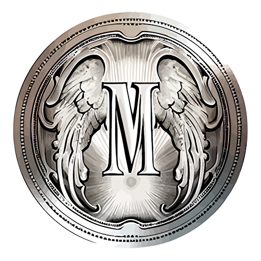 silver coin with magical air hovering vertical M etched in sans serif font as vector for logoo