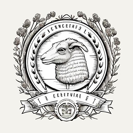 line drawing coat of arms, iowa barn:2, sheep head, corn wreath:2, Vector