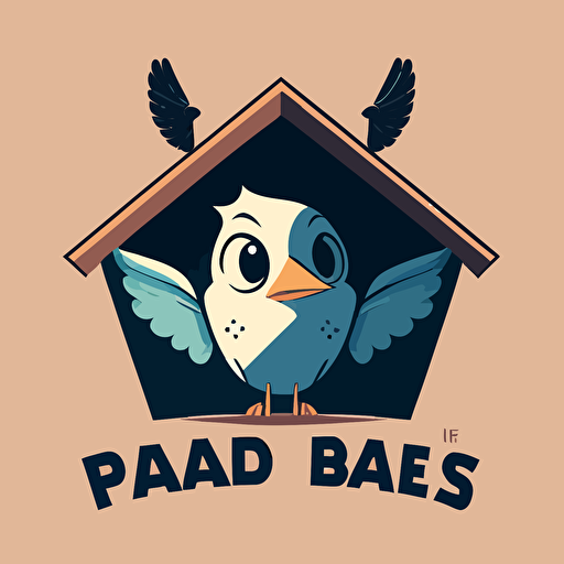 bird’s wings create negative space in the shape of a house roof with gable window, 1930s baseball mascot, two colors, 1930s cartoon animation, vector logo, smiling, very simple**