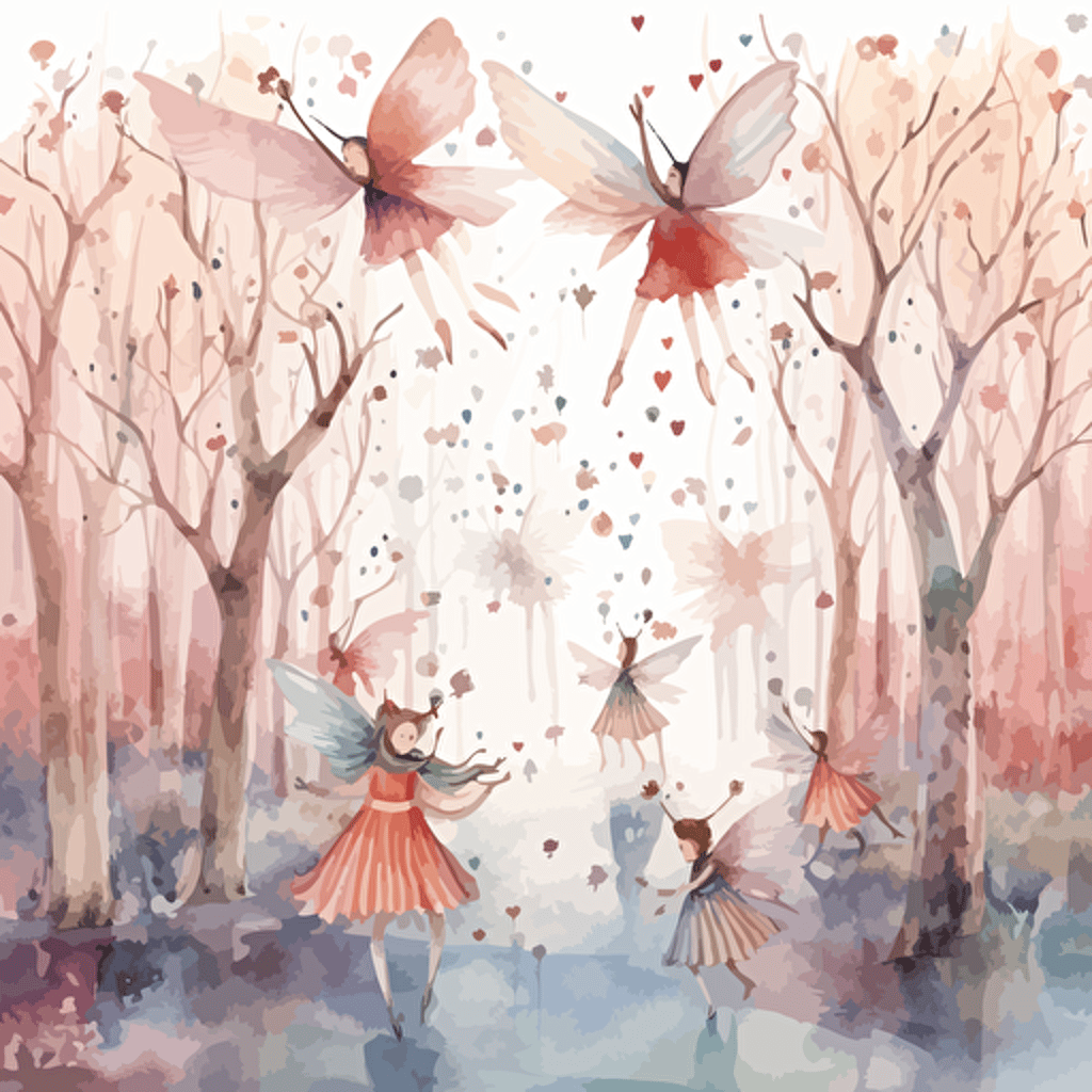 watercolor design of many fairies flying around an enchanted forest, cute, whimsical, for kids, in pastel hues, highly detailed, vector