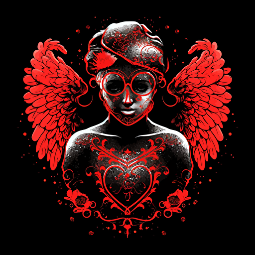 cupid wearing an ornate ski mask. Red paint splatter. Drawing. Vector image. 16k . Black background