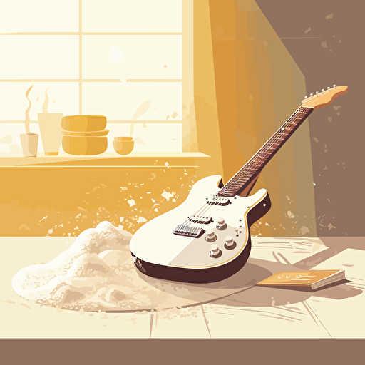 the guitar is lying next to a pile of flour, positive, sunny, bright, rockers studio in the background, stylization vector