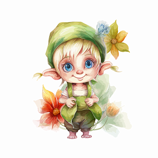 cute elf, flowers, detailed, cartoon style, 2d watercolor clipart vector, creative and imaginative, hd, white background