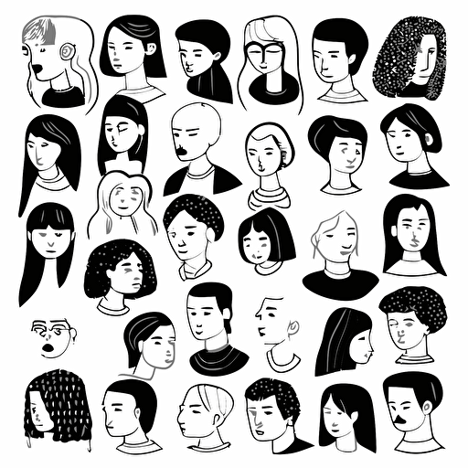 Hand drawn set of people faces in black and white inspired by carolyn suzuki, vector file format