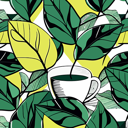 seamless pattern of an abstract vector art of green leaves, cup of tea, botanical, modern, cubist style, 2d, black outline