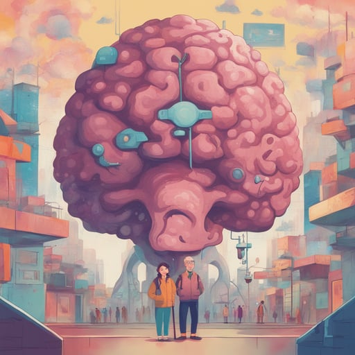 researches standing in front of a gigantic brain