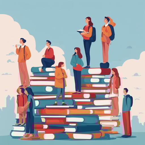 students standing on gigantic books