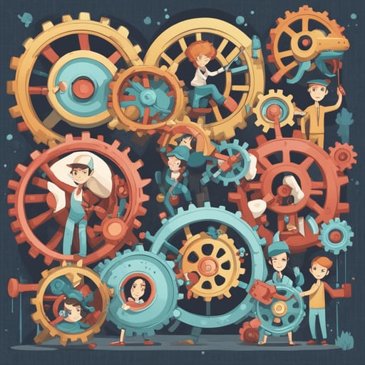 people working together to move cog wheels