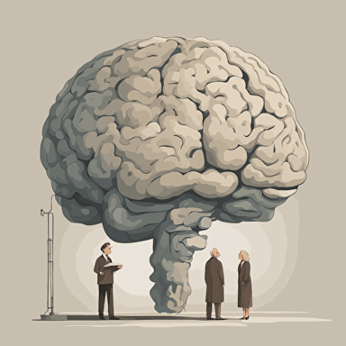 researches standing in front of a gigantic brain