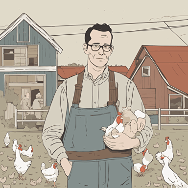 a farmer holding chickens and eggs