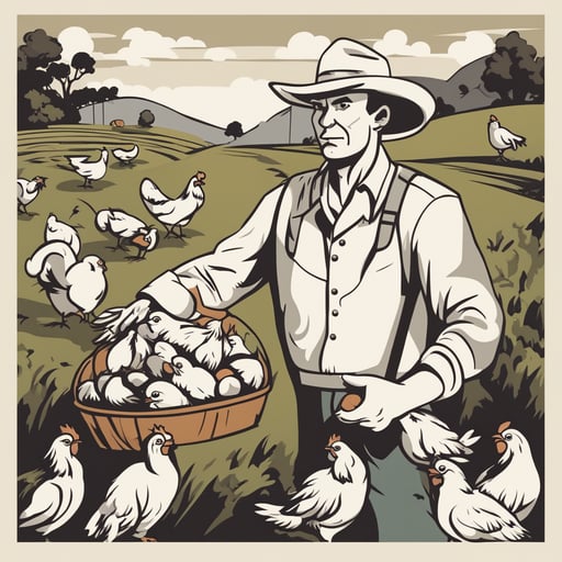 a farmer holding chickens and eggs