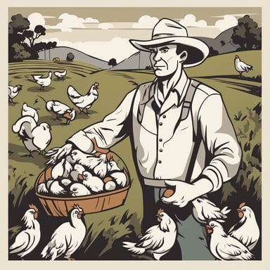 a farmer holding chickens and eggs
