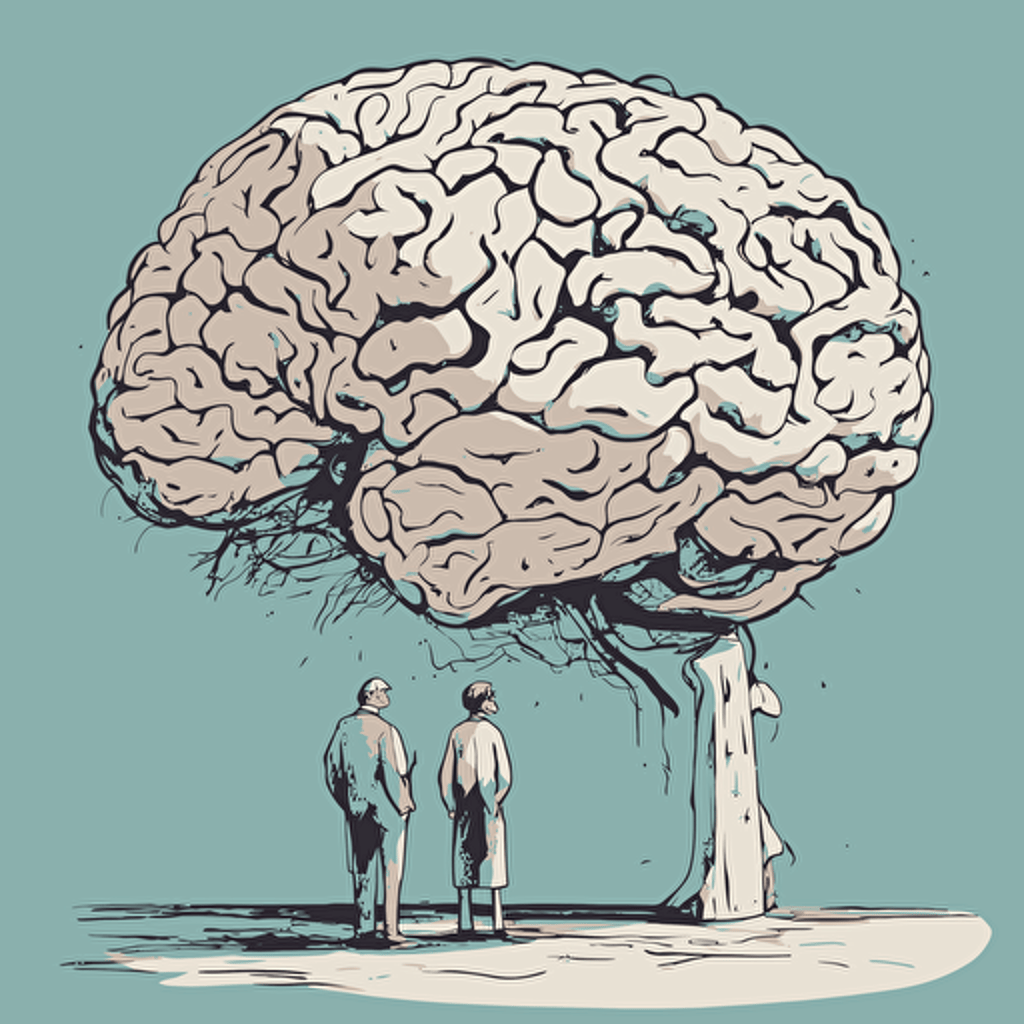 researches standing in front of a gigantic brain